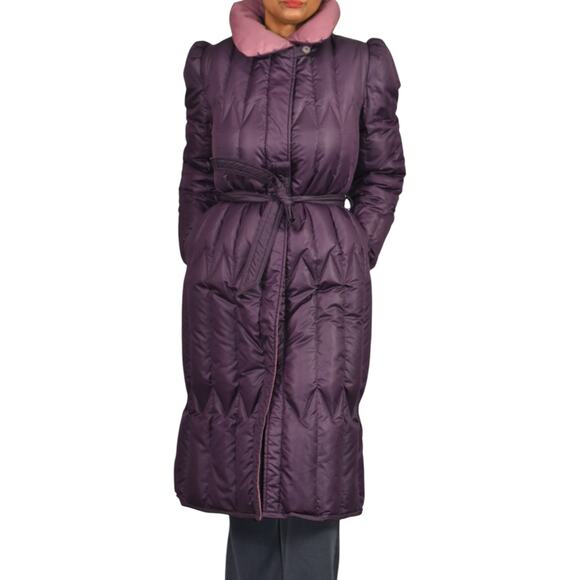 Vintage Quilted Puffer Coat Purple Duck Goose Down Long Midi Puff Sleeves Small - Picture 2 of 16